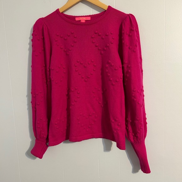 Lilly Pulitzer Sweaters - Lilly Pulitzer Pink Heart Pom Pom Sweater Puff Sleeve Knit Size M